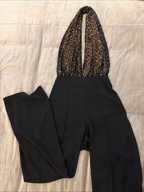 Beulah Black Halter Lace-Front Wide-Leg Jumpsuit with black lace over nude